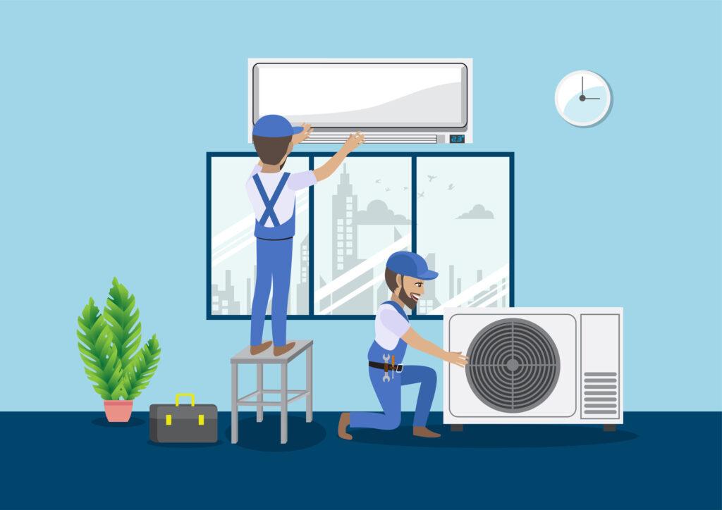 Techniker reparieren Split-Klimaanlage an einer blauen Wand, Zeichentrickfigur-Vektor-Illustration.