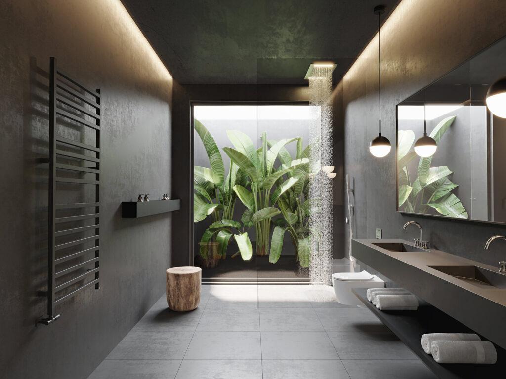 Dunkel eingerichtetes Badezimmer mit Betonwänden und modernem Minimaldesign mit Blick auf Palmen.