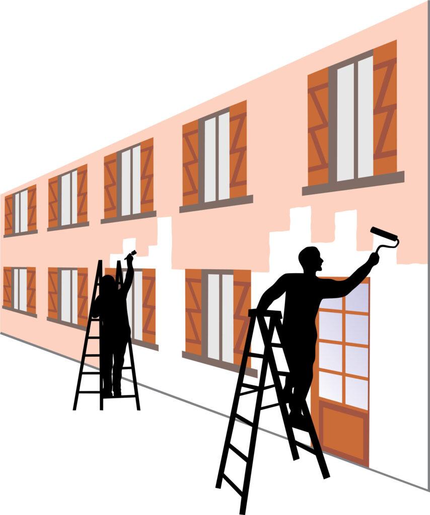 Zeichnung von zwei Menschen die auf Leiter stehen und Fassade streichen.