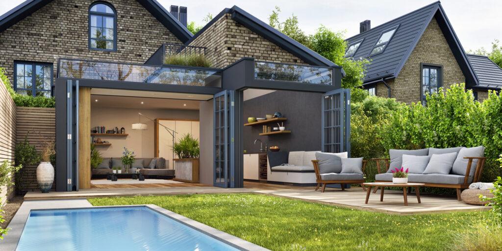 Modernes Haus, mit Terrasse im Freien, schönem Garten und mit Swimmingpool.